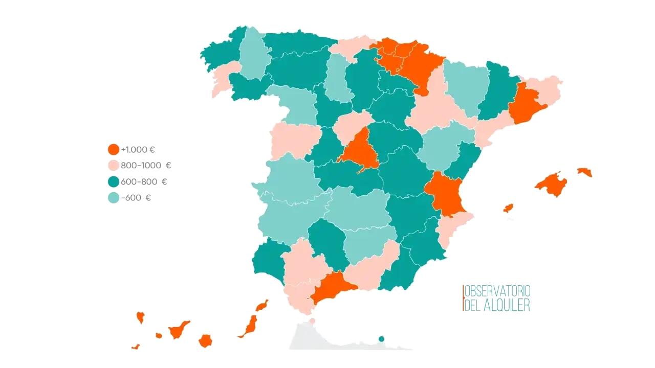 Mapa de España con precios de alquiler por provincia, indicando el impacto de la nueva ley de vivienda.