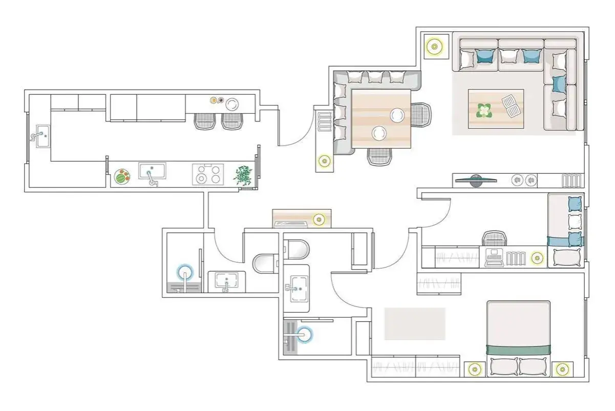 Plano piso de un apartamento moderno con cocina, sala, comedor, dos baños y dos dormitorios.