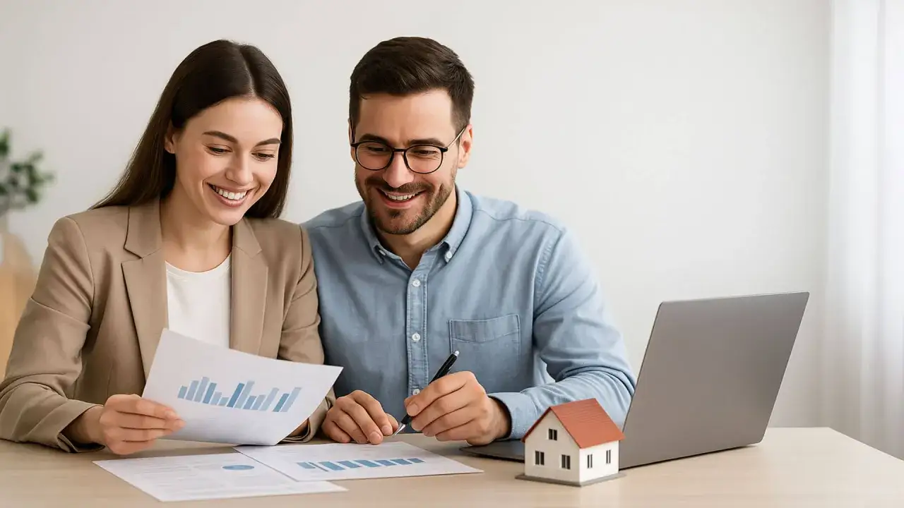 Pareja sonriente revisa gráficos y un modelo de casa, planeando su futuro. ¿Buscas una hipoteca sin aval?