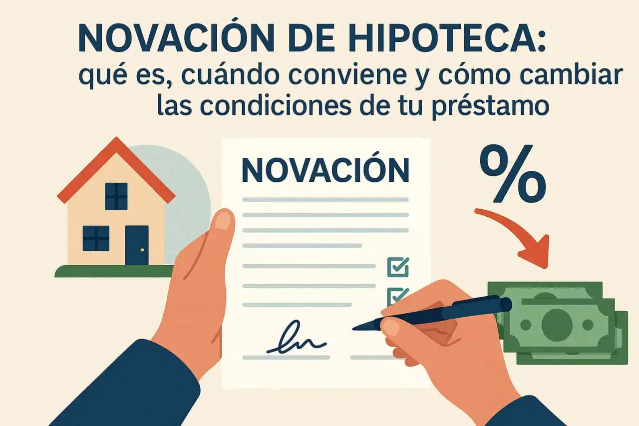 Manos firman documento de novación hipotecaria, con casa, dinero y símbolo de porcentaje. Averigua cuanto cuesta una novación de hipoteca.
