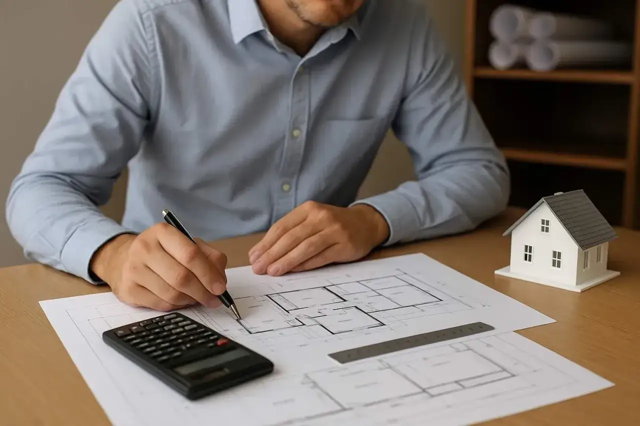 Hombre revisa planos de vivienda y calculadora, preparando el valor tasación vivienda a efectos del seguro. Modelo de casa y planos en mesa.