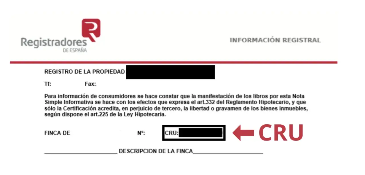 Documento del Registro de la Propiedad. Se indica el CRU, que es el c&oacute;digo registral &uacute;nico de una finca.