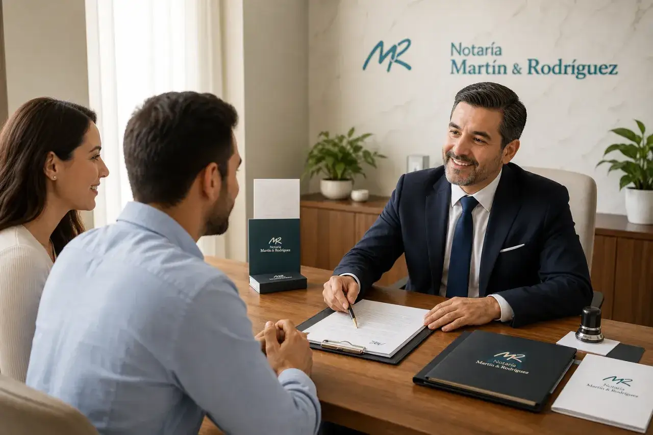 Pareja sonríe mientras un notario revisa el acta previa hipoteca en su oficina.