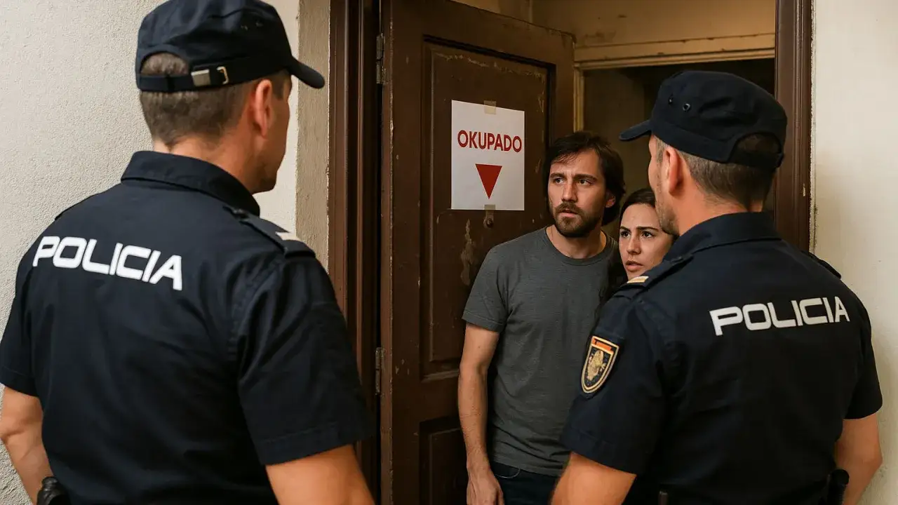 Polic&iacute;as intervienen ante un posible delito de allanamiento de morada. Una pareja mira con preocupaci&oacute;n un cartel de 