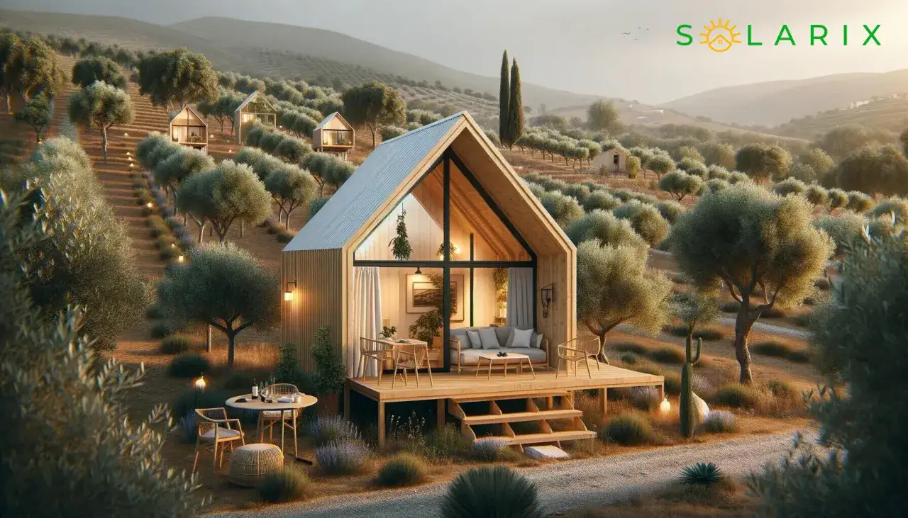 Casas modernas y acogedoras que se pueden construir en terreno rústico, rodeadas de olivos y con vistas a las colinas.