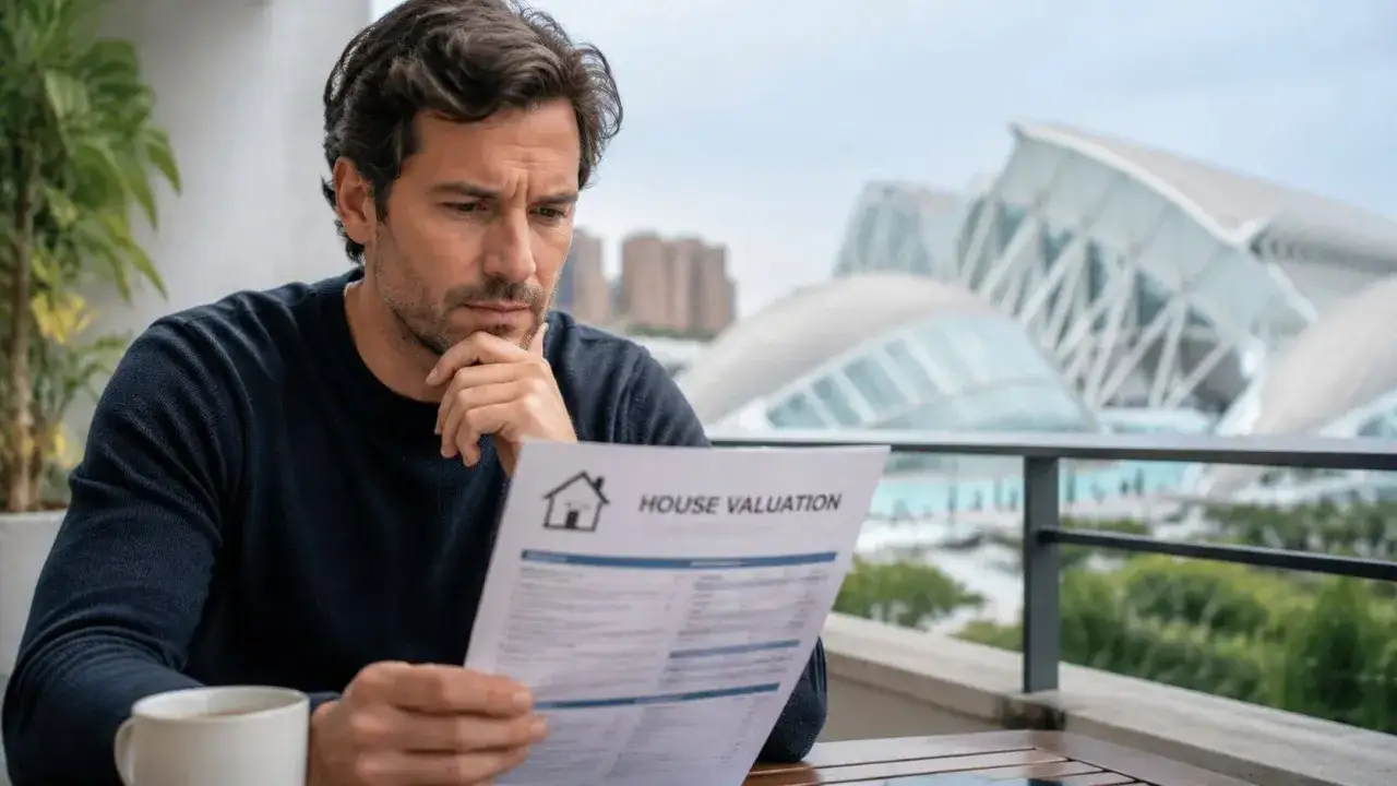 Hombre pensativo revisa un informe de tasaci&oacute;n de casas en una terraza con vistas a un edificio moderno.