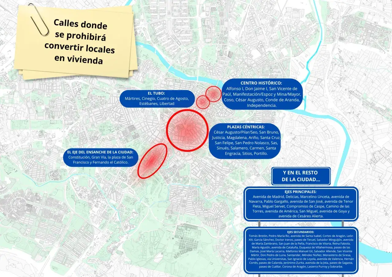 Mapa de Zaragoza señalando zonas con cambios de uso, donde se prohíbe convertir locales en vivienda.