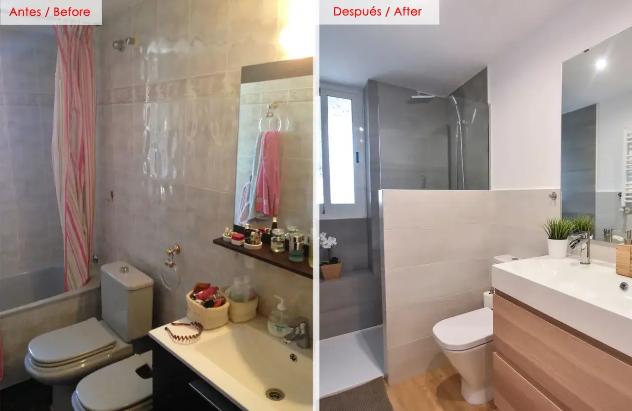 Baño antes y después. La reforma de obra menor transformó un baño anticuado en un espacio moderno y funcional con ducha y lavabo nuevos.