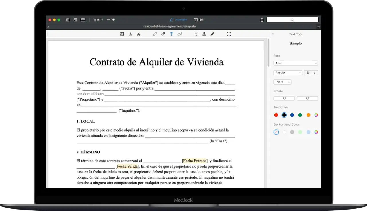 Un contrato de alquiler de vivienda en una pantalla de MacBook. El documento define los términos entre el propietario y el inquilino, especificando que el inquilino es quien alquila la propiedad.