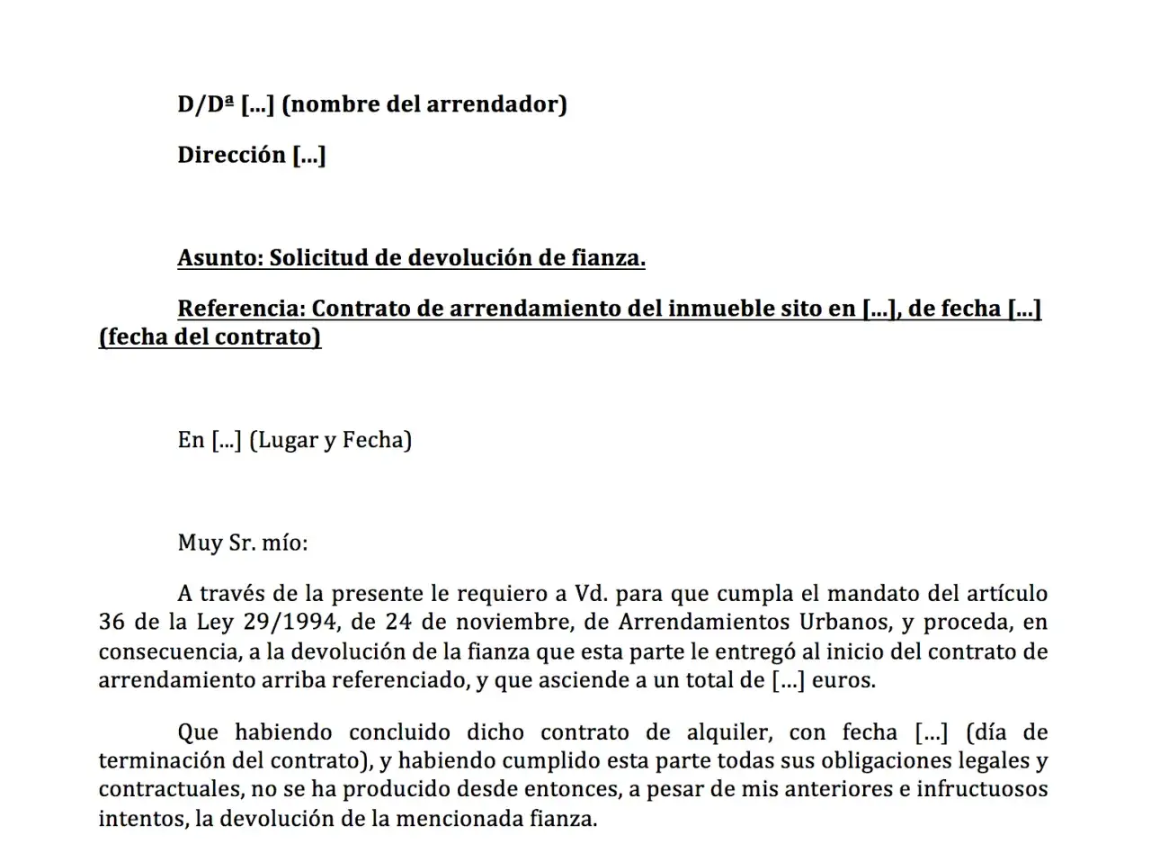 Solicitud de devolución de fianza de alquiler. El documento detalla la referencia del contrato y la ley aplicable, sin mención de demanda por vicios ocultos en vivienda.