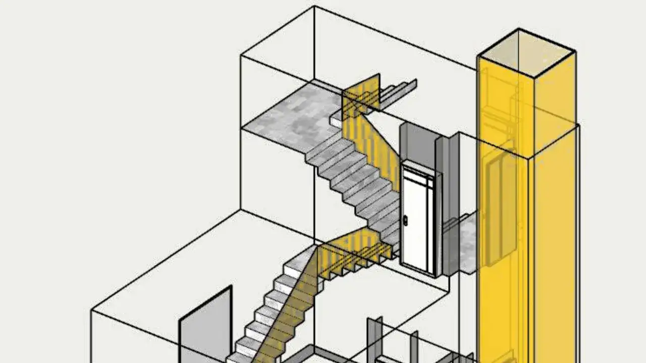 Diseño arquitectónico 3D de escaleras y ascensor, parte de un informe de accesibilidad.
