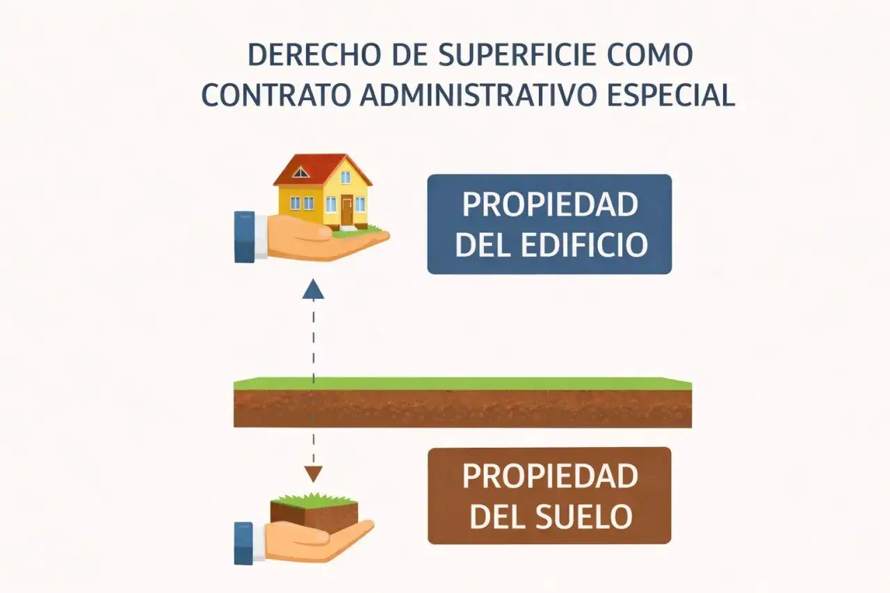 Ilustración que muestra la separación de la propiedad del edificio y del suelo, ejemplificando el derecho de superficie.