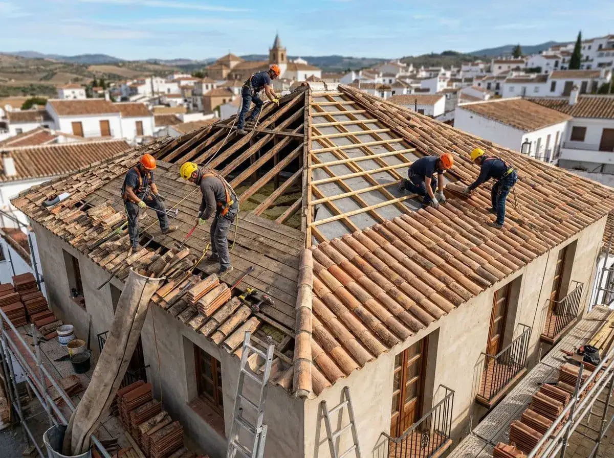 Trabajadores con cascos naranjas y amarillos instalan tejas en un tejado. Obtuvieron el permiso para cambiar tejado y trabajan en un pueblo blanco.