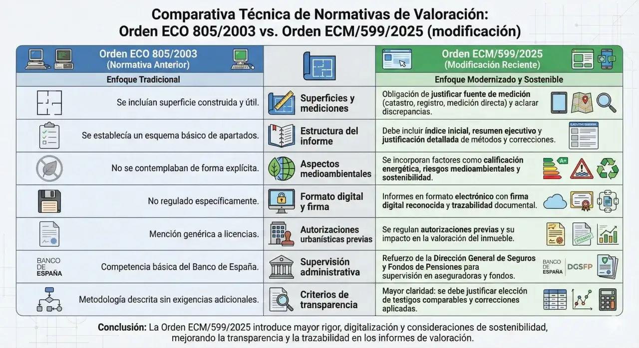 Comparativa de normativas de valoración de inmuebles: Orden ECO 805/2003 vs. Orden ECM/599/2025. La nueva orden mejora rigor y sostenibilidad.