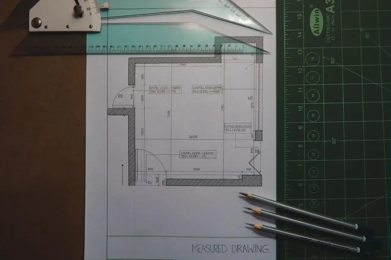 Plano de planta con medidas detalladas, mostrando la división horizontal de un espacio para fines catastrales. Lápices y herramientas de dibujo sobre la mesa.