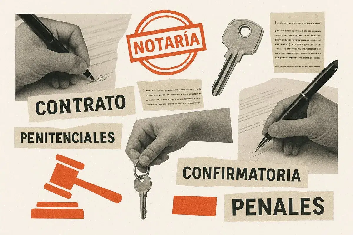 Manos firmando un contrato, una llave y un mazo de juez. Se lee 