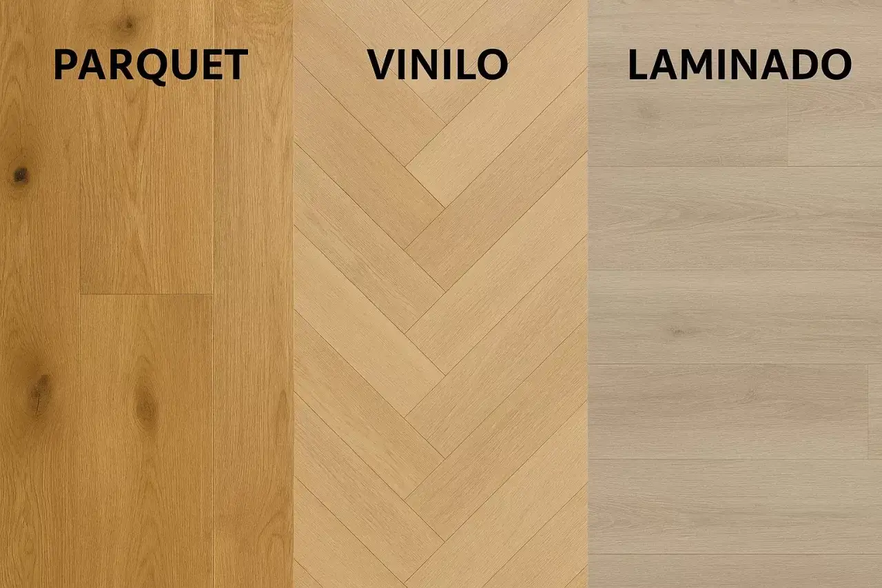 Comparativa visual: parquet clásico, vinilo en espiga y laminado. Muestra la diferencia entre tarima y parquet.