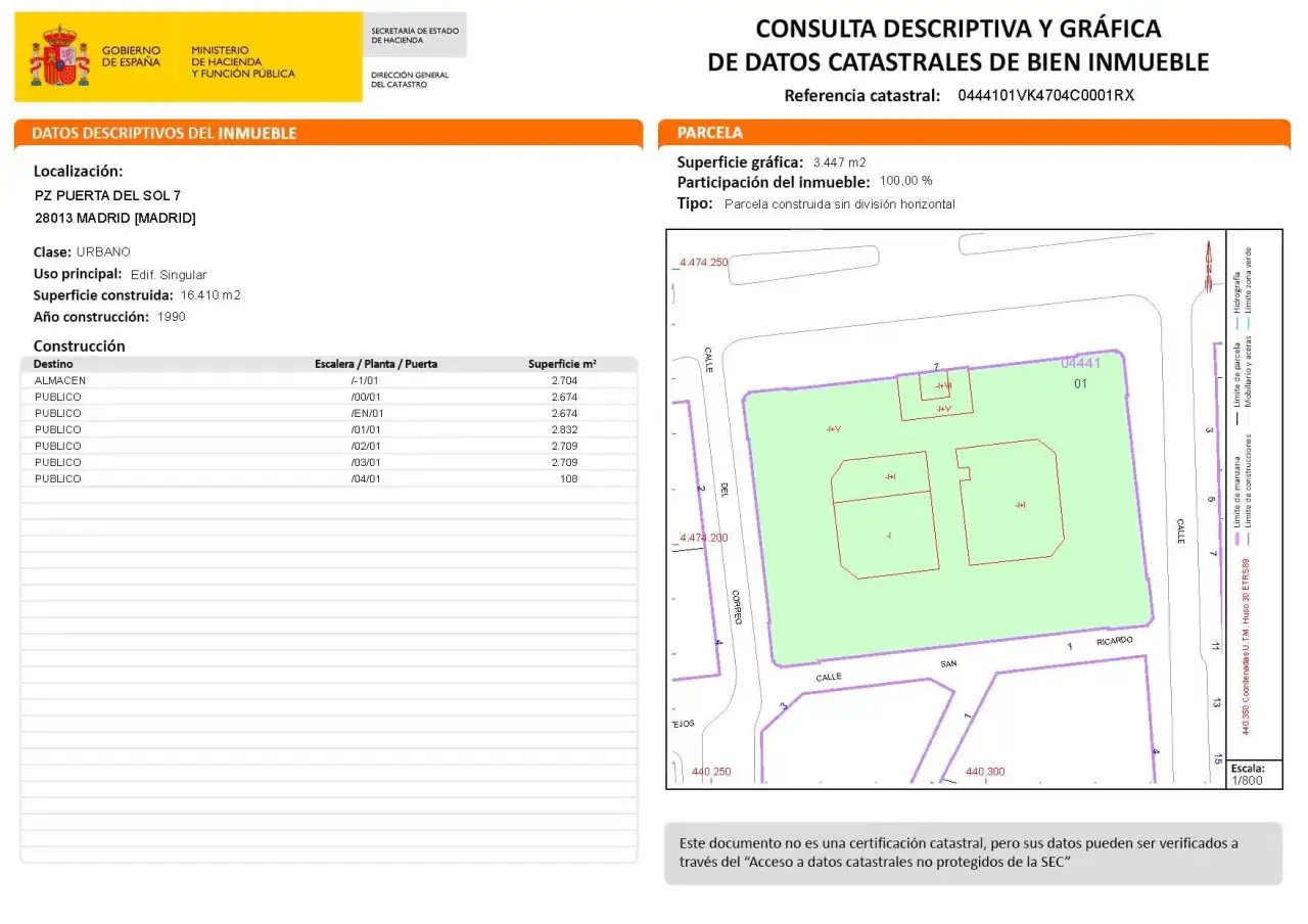Plano catastral de Madrid, PZ PUERTA DEL SOL 7. Muestra la parcela y edificaciones, con datos de superficie y construcción. El exceso de cabida no se indica explícitamente.