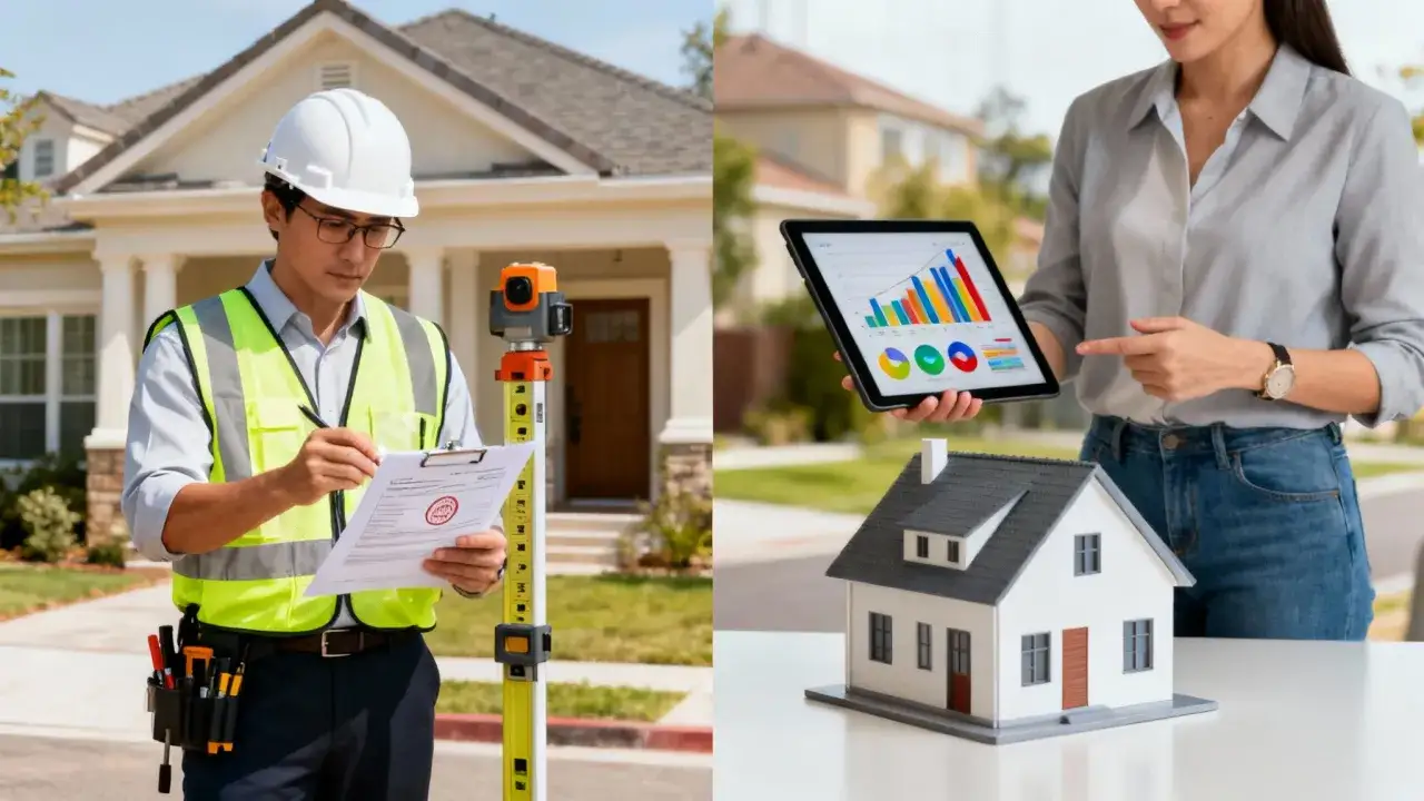 Un tasador inmobiliario revisa planos con equipo topográfico. Otra persona muestra gráficos de inversión en una tablet junto a una maqueta de casa.