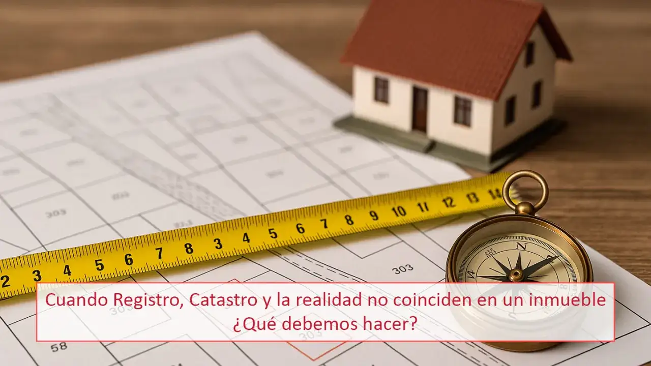 Plano catastral, cinta métrica, brújula y maqueta de casa. Guía para saber si una finca está registrada correctamente.