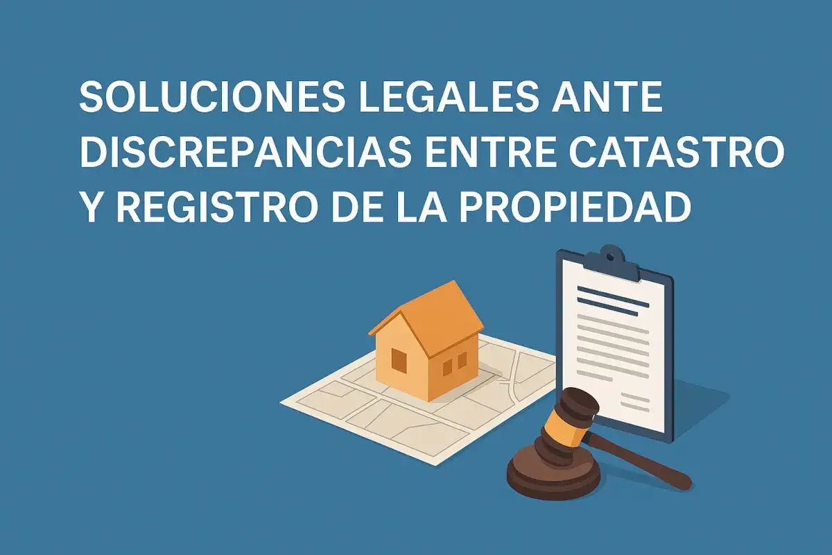 Casa sobre mapa, mazo de juez y documento legal, representando la superficie gráfica y soluciones para discrepancias catastrales.