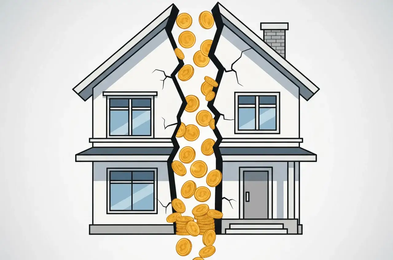 Casa dividida por la mitad, con monedas de oro cayendo, simbolizando el usufructo del 50% de una vivienda y su posible p&eacute;rdida.