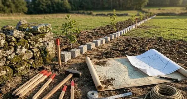Herramientas y plano para el amojonamiento, marcando el significado de los límites de una propiedad con cubos de granito y estacas.