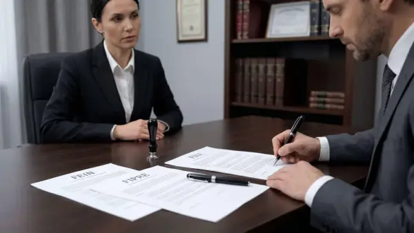 Un hombre firma un documento en una oficina, mientras una mujer observa. El documento tiene la palabra "FEIN" visible, indicando el momento en que se firma la fein.